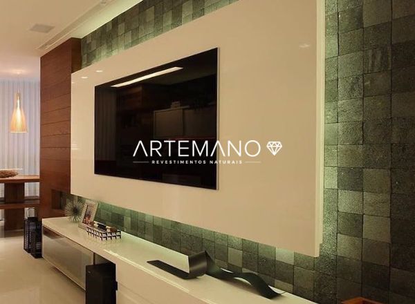lindo painel com revestimento de pedra de lava vulcanica hitam artemano