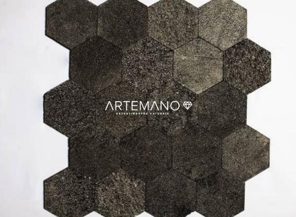revestimento pedra hitam artemano hexagon formato 15x17cm