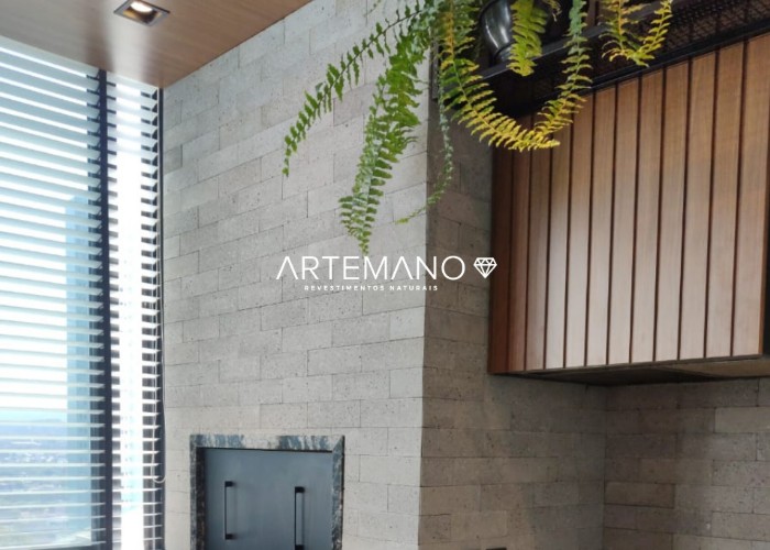 Área gourmet revestida por tijolo marfim Artemano.